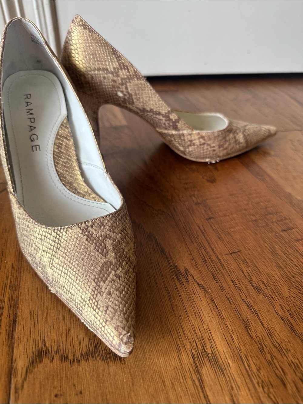 Rampage Metallic Snakeskin Pointed Toe Heels in Gold and Brown